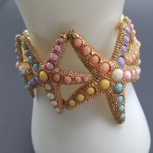 Pastel Starfish Stretch Bracelet, Gold Tone Starfish Pastel Cabochons, 7 Inches